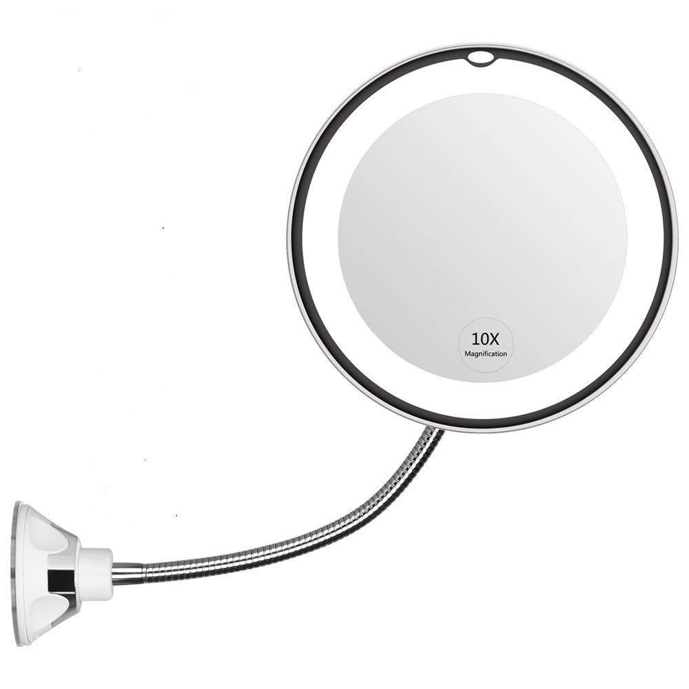 [Australia] - Flexible Gooseneck Makeup Mirrors 360 Degree Rotation LED 10X with Strong Suction Cup Portable Cordless Mirror Travel Home Mirror 