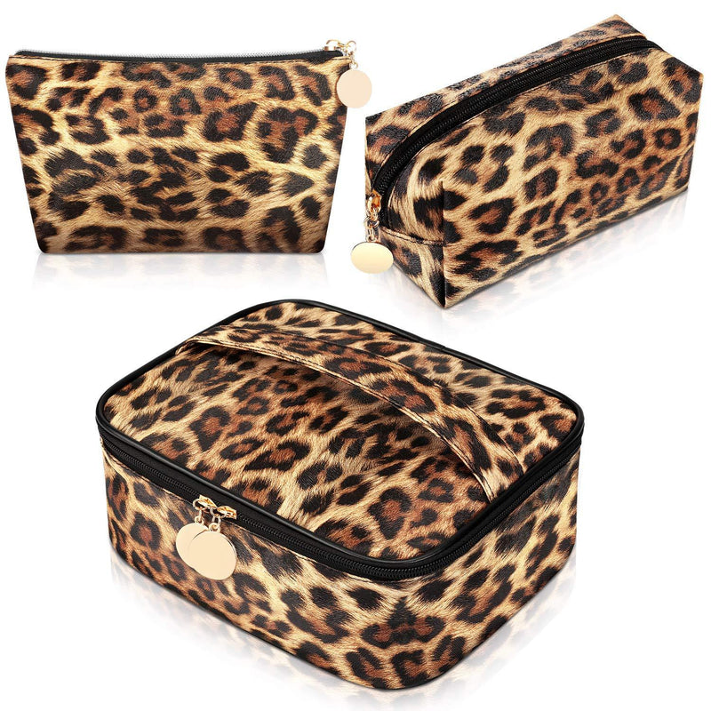 [Australia] - 3 Pieces Leopard Print Cosmetic Bag Set Cheetah Toiletry Travel Makeup Bag Portable Makeup Pouch Brush Organizer Purse Handbag for Women 