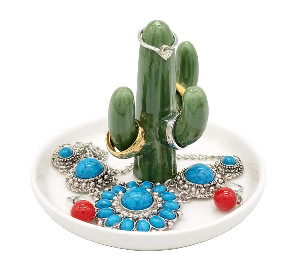 [Australia] - Cactus Ring Holder, Ceramic Dish for Jewelry, Earring Trinket Tray, Succulent Bracelet Storage, Necklace Organizer Display - Green Cactus 