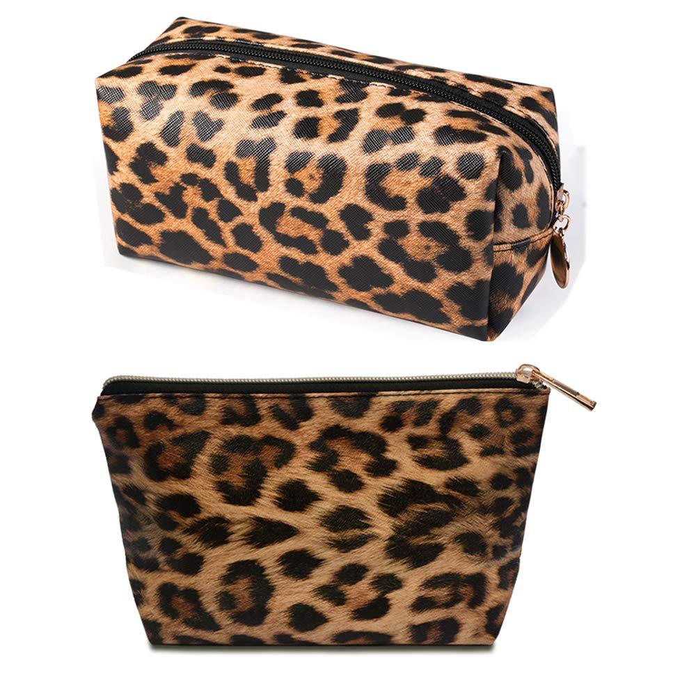 [Australia] - OXYTRA 2 Pcs Cosmetic Bag Leopard Makeup Bags Set, Waterproof Travel Makeup Organizer PU Leather Toiletry Bag (Leopard Print) Leopard Print 