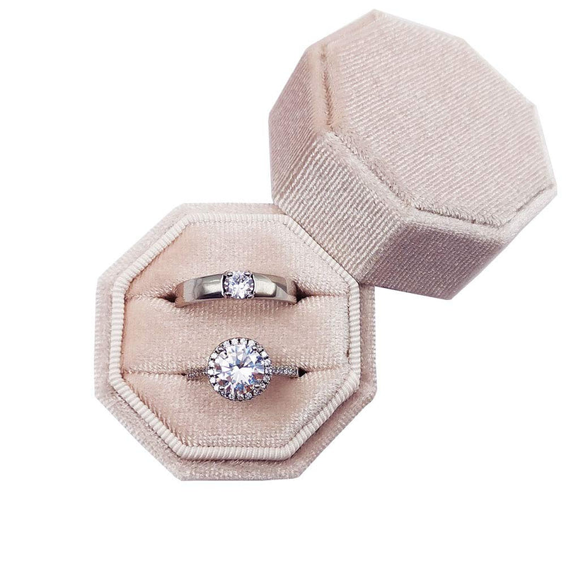 [Australia] - Beatilog Velvet Ring Bearer Box - Octagon Double Proposal Ring Display / Vintage Handmade Wedding Ring Holder/ Jewelry Storage Gift Case for Engagement, Birthday, Christmas, Photography (Light Pink) Light Pink 
