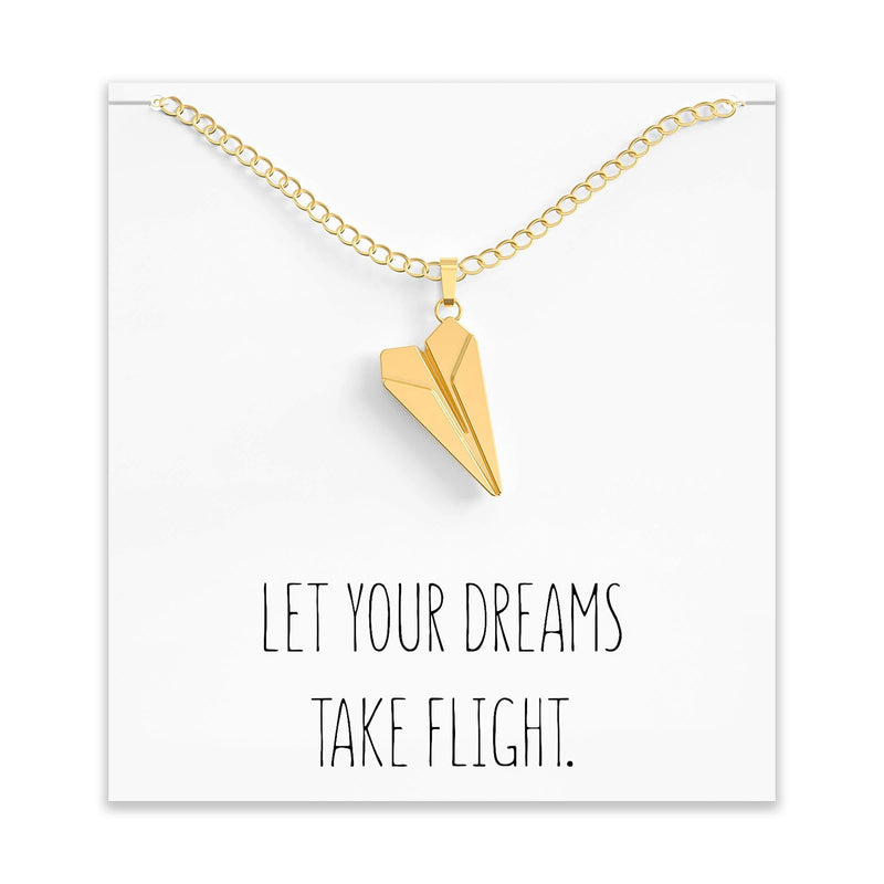 [Australia] - Paper Airplane Necklace – Cute Airplane Charm Pendant for Dreamer & Travelers – Message Card – Let Your Dreams Take Flight Gold 