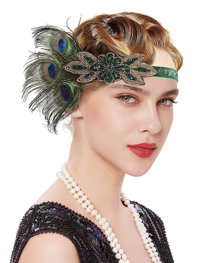 [Australia] - Z&X Vintage 1920s Black Feather Headpiece Gold Beaded Art Deco Flapper Headband 12a Green 