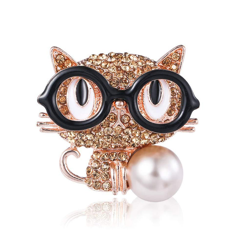 [Australia] - ETHOON Cute Cat Brooch Pin Glasses Fortune Cat with Imitation Pearl Lapel Pin for Girls Boys Women Men Gold 