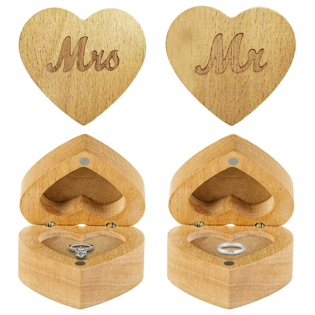[Australia] - Strova Heart Shaped Wooden Ring Box for Wedding Rings – Set of 2 with Engraved Mr. & Mrs. Lettering – Ring Bearer Box for Display or Personal Organizer – Protective Ring Cushions and Magnetic Closure 