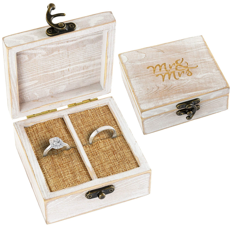 [Australia] - Strova Wooden Ring Box for Wedding Rings and Couple Jewelry - Engraved Mr. & Mrs. Lettering - Ring Bearer Box for Display or Personal Organizer - Brass Latch and Soft, Protective Ring Cushions 