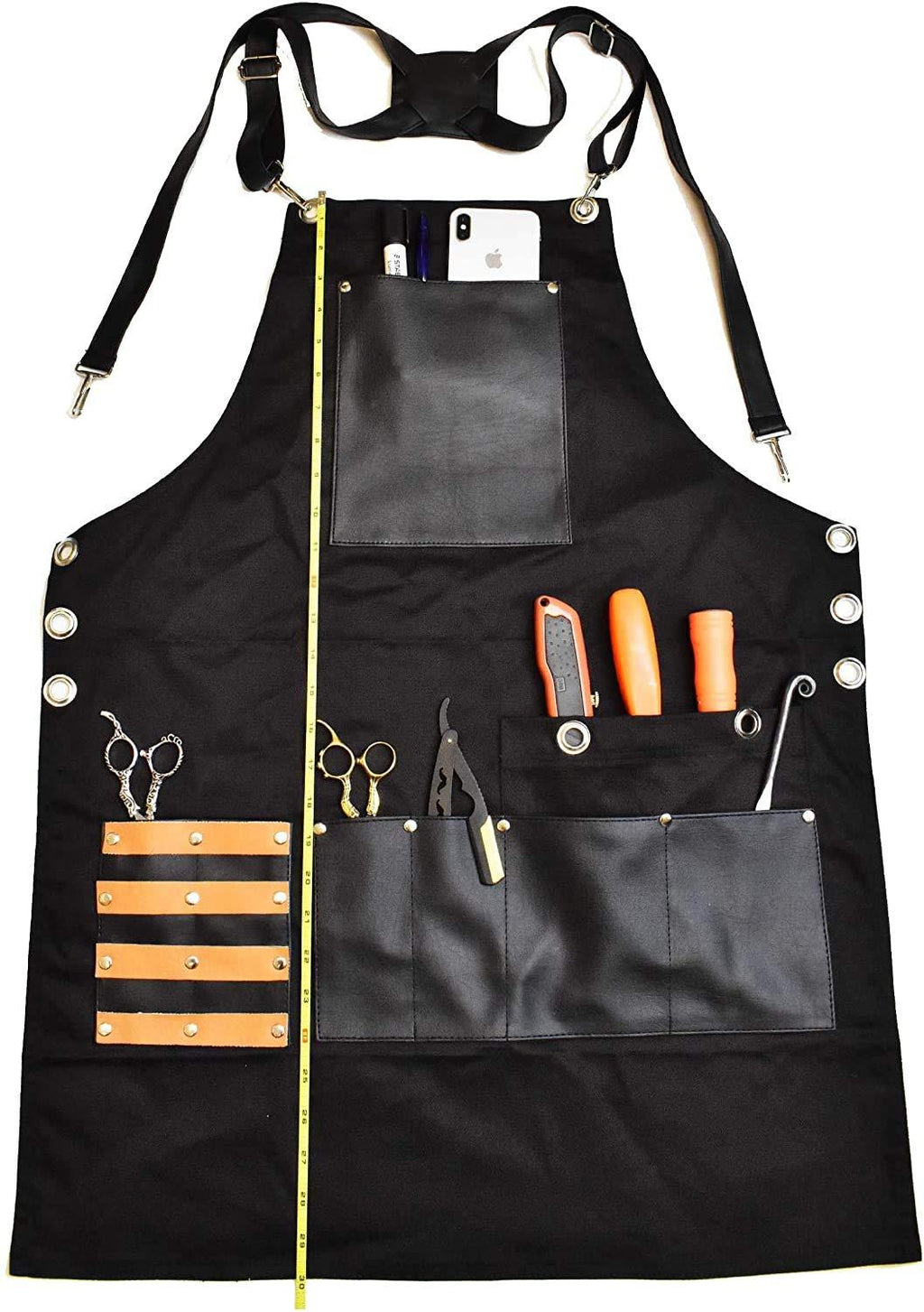 [Australia] - Professional Barber Jeans Apron for Men | Hairdresser Aprons with 8 Waterproof Leather Pockets, Heavy Duty Premium Quality, Salon Apron for Men & Women (Black) Black 