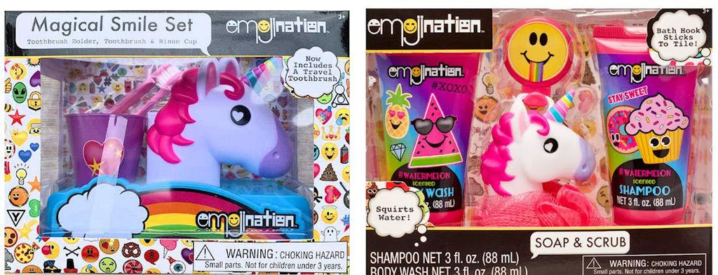 [Australia] - Emoji Unicorn Bath and Smile Gift Set - Shampoo, body wash, Squirting Bath Scrubby, Tile hook, Toothbrush Holder, Rinse Cup & Toothbrush 