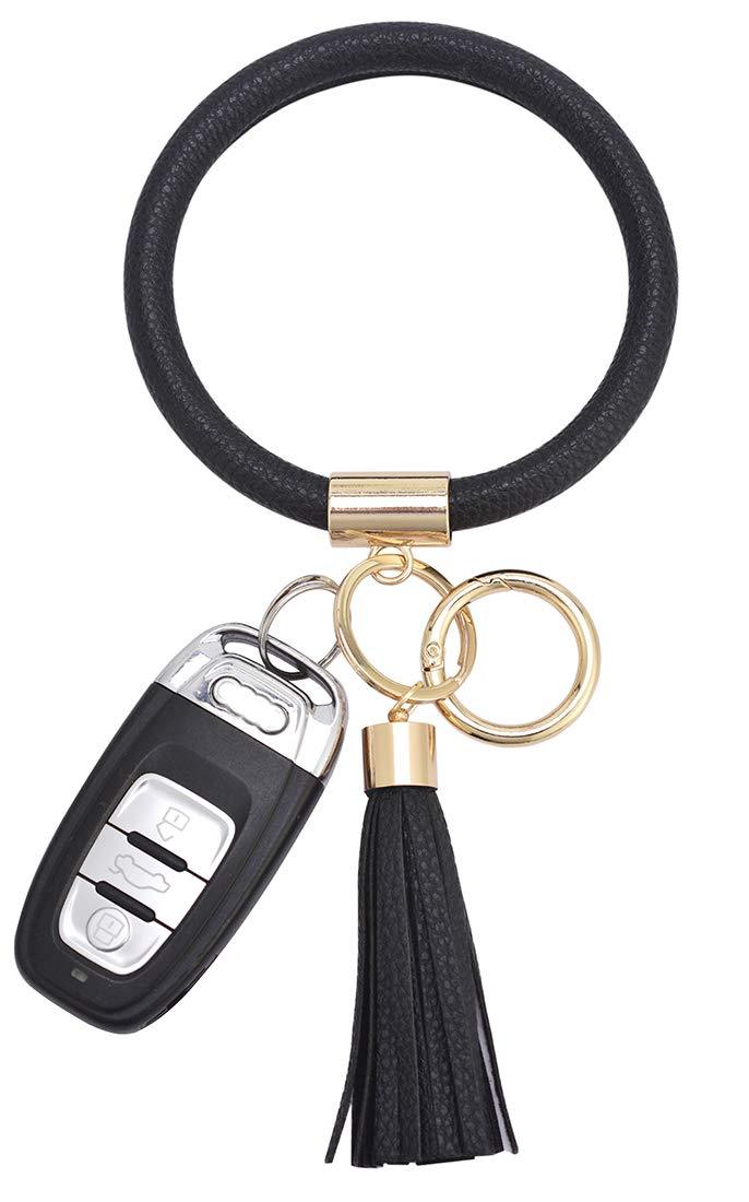 [Australia] - Coolcos Key Ring Bracelet Wristlet Keychain Bangle Keyring - Portable Leather Tassel Bracelet Keys Holder Women Gift 1-black Upgrade 