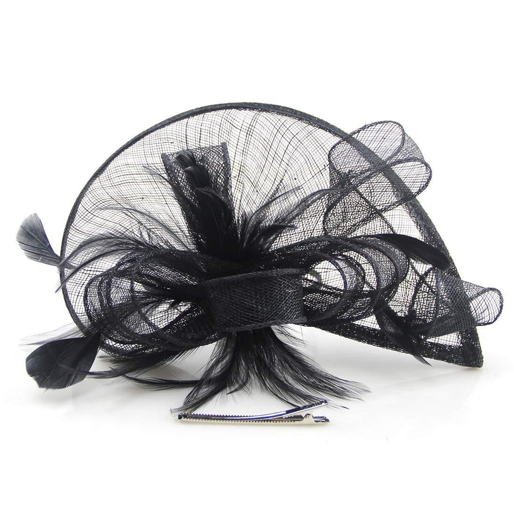 [Australia] - Sinamay Fascinator Hat Mesh Net Feather Cocktail Party Hat Flower Derby Hat for Women Black 