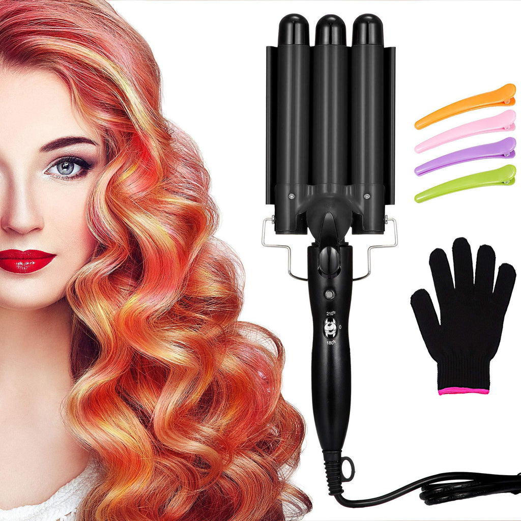 [Australia] - 3 Barrel Curling Iron Wand Hair Waver Iron Ceramic Tourmaline Hair Crimper with 4 Pieces Hair Clips and Heat Resistant Glove, Curling Waver Iron Heating Styling Tools (Black) Black 