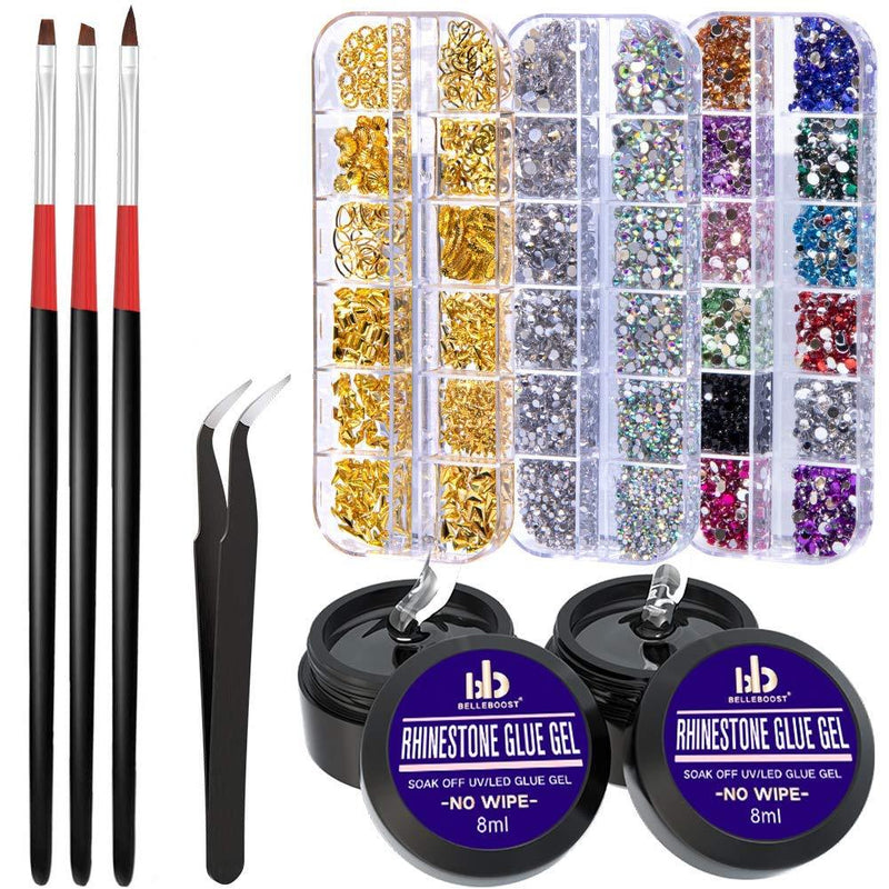 [Australia] - Nail Art 8ml×2 NO WIPE Rhinestone Glue Gel Kit(LED Light Cure Needed) Adhesive Resin Gem Stone Jewelry Beads Diamond Gel Nail Polish Clear Decoration With Nail Rhinestones(Crystal+Acrylic+Rivet)+tools 