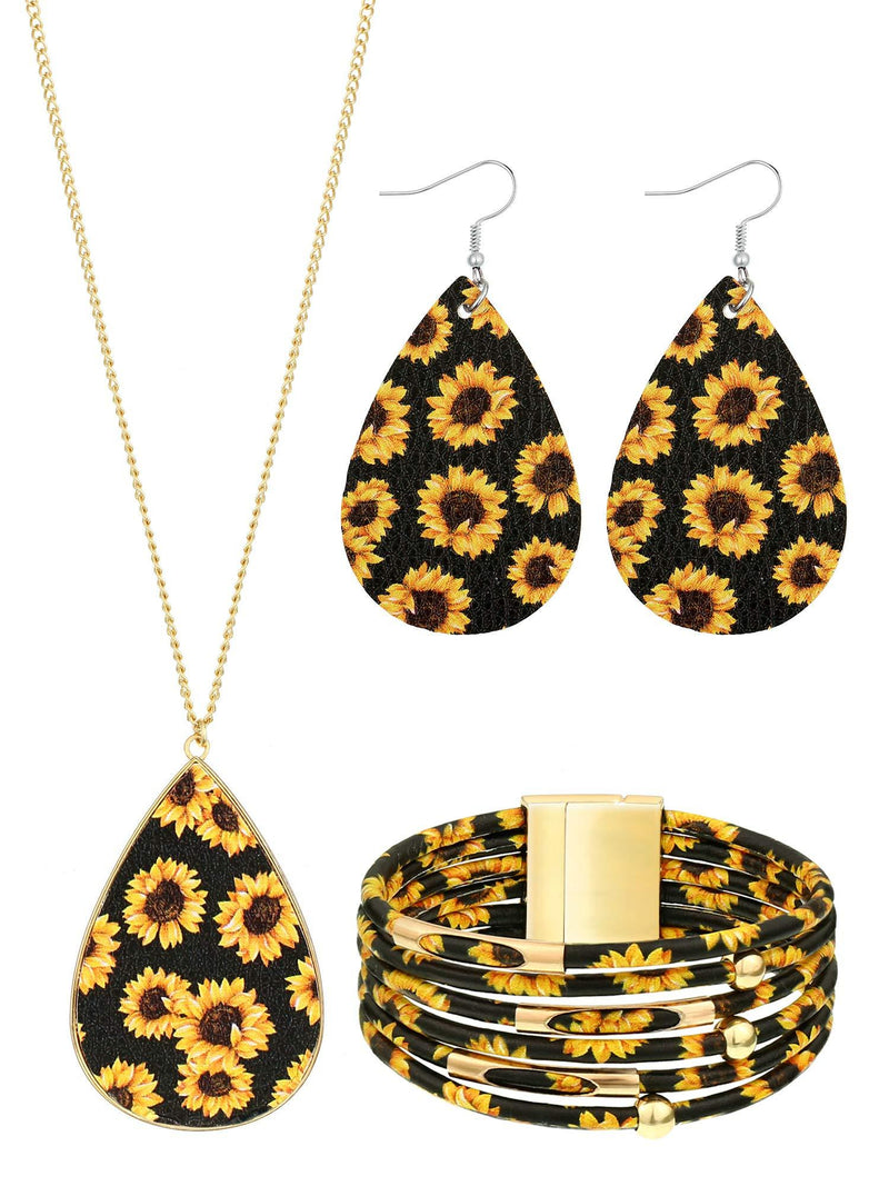 [Australia] - Hicarer 3 Pieces Sunflower Print Jewelry Set Sunflower Multi-Layer Bracelets Faux Leather Dangle Earrings Necklace for Women Black Background 
