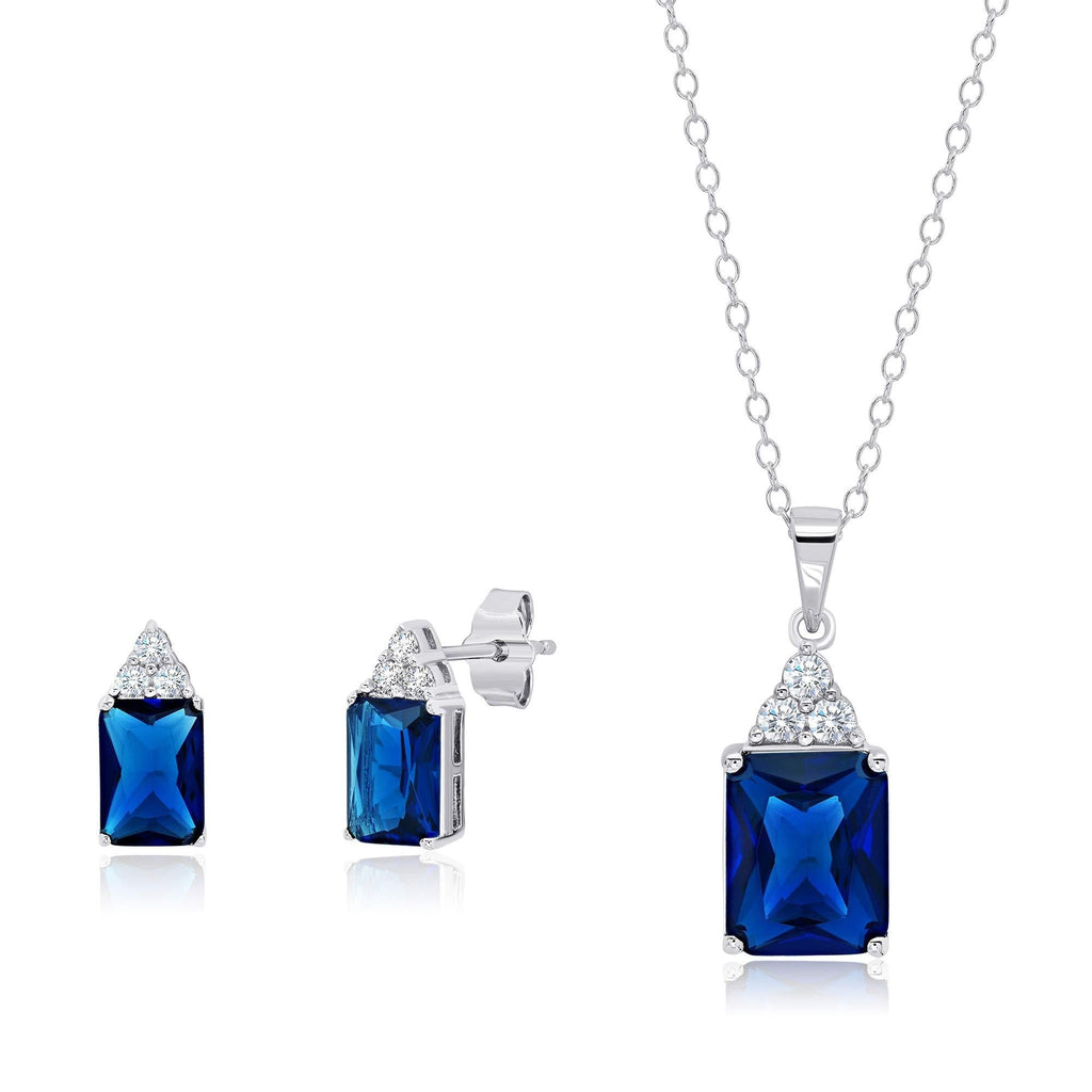 [Australia] - Sterling Silver Simulated Blue and White Sapphire Emerald Cut Pendant Necklace and Stud Earring Jewelry Set 