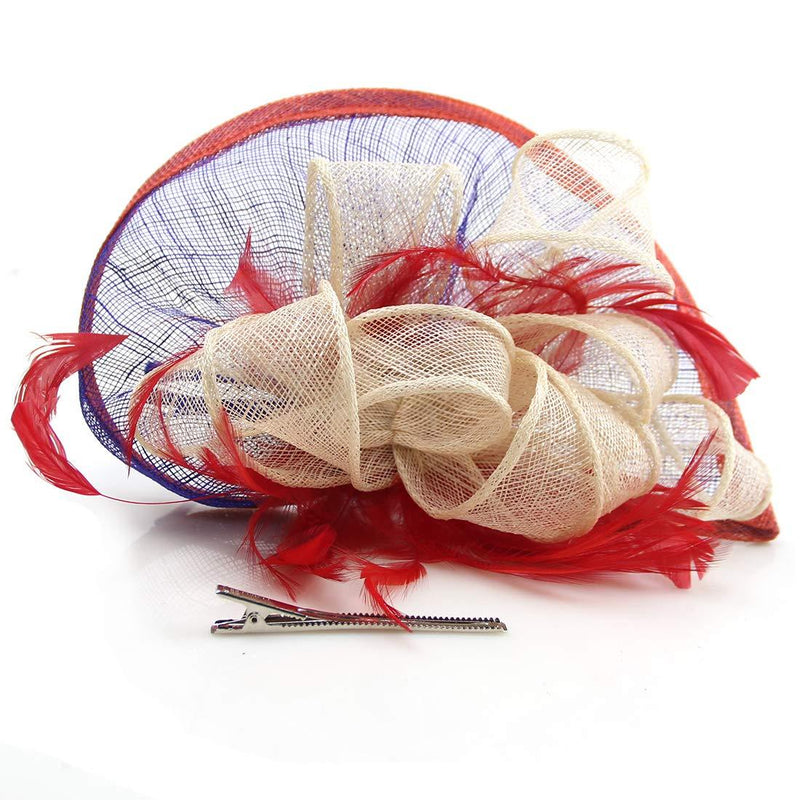 [Australia] - Sinamay Fascinator Hat Mesh Net Feather Cocktail Party Hat Flower Derby Hat for Women Blue+red+white 