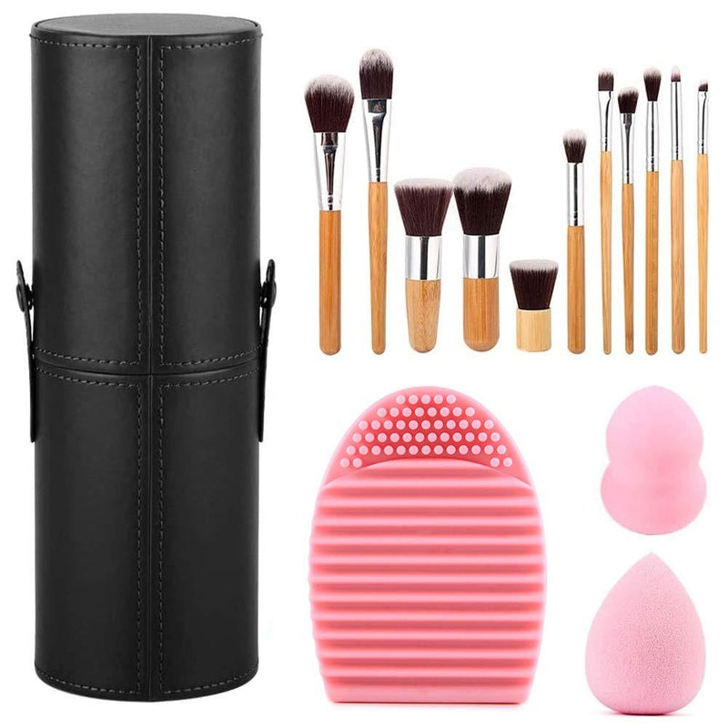 [Australia] - Bamboo Makeup Brushes Set with PU Leather Holder and Makeup Sponge Brush Cleaning Mat Egg Shape 