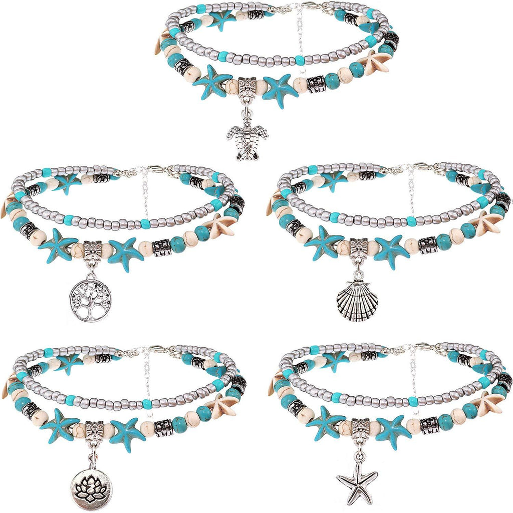 [Australia] - Suyi 5pcs Layered Beach Anklets for Women Girls Adjustable Sea Turtle Anklets Bracelets Boho Anklet Foot Jewelry 