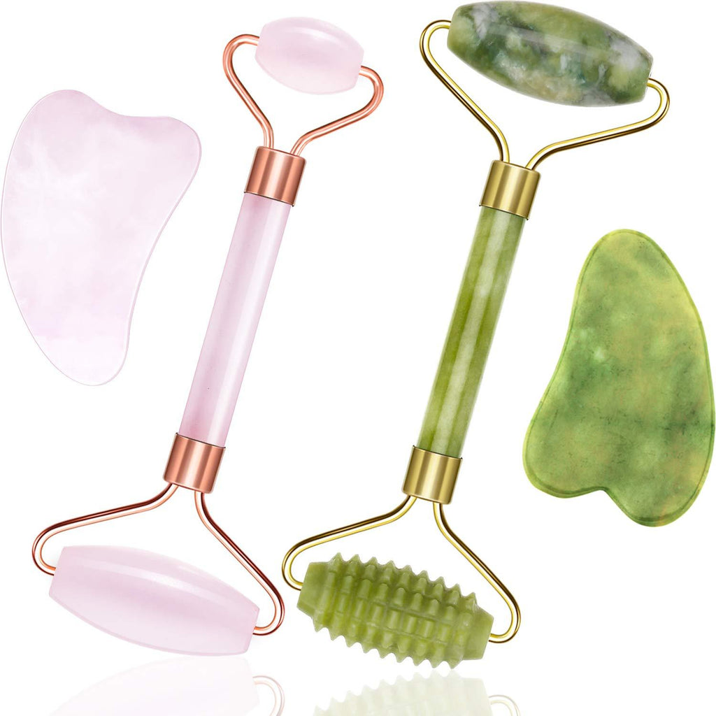 [Australia] - 4 Pieces Jade Roller Facial Ridged Roller Kits Skin Roller with Gua Sha Scraping Massage Tools Anti Aging and Wrinkles for Face, Eye, Neck, Good Gift Idea (Green Ridged Roller, Pink Jade Roller) 