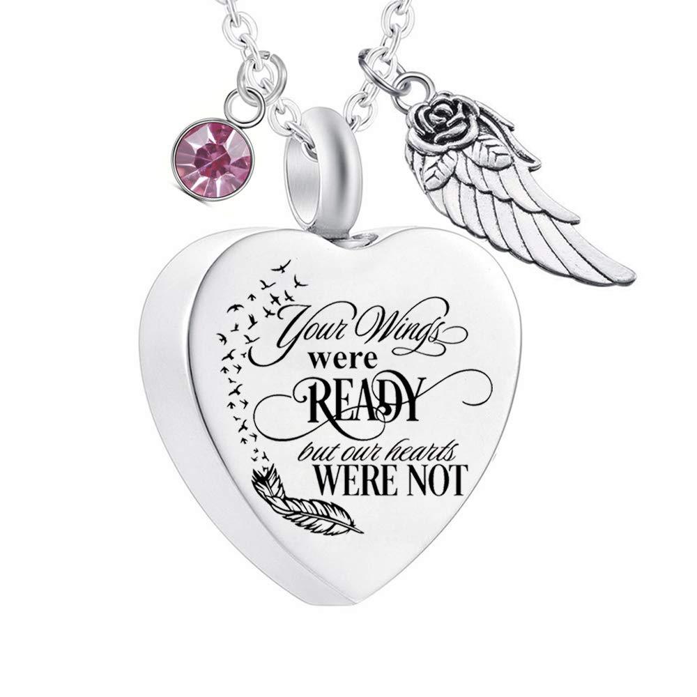 [Australia] - Heart Cremation Urn Necklace for Ashes Urn Jewelry Memorial Pendant with Fill Kit and Gift Velvet Bag - Your wings were ready but our hearts were not October 