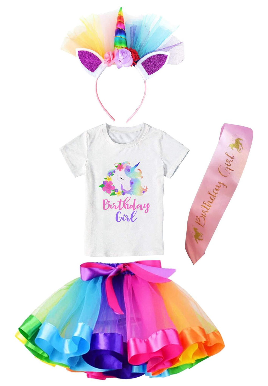 [Australia] - Doctor Unicorn Girls Layered Tutu Skirt with Unicorn Tshirt, Headband & Satin Sash Rainbow Unicorn Flower 3-4T 