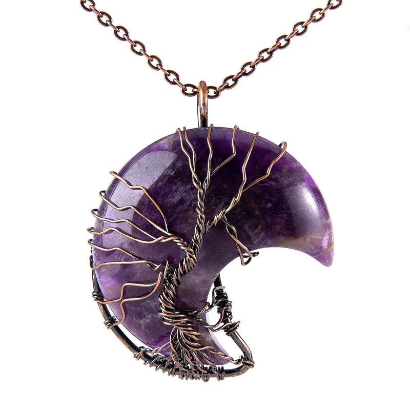 [Australia] - Tree of Life Crescent Moon Necklace Bronze Copper Wire Wrap Natural Gemstones Healing Crystal Pendant Necklace Amethyst antique bronze 