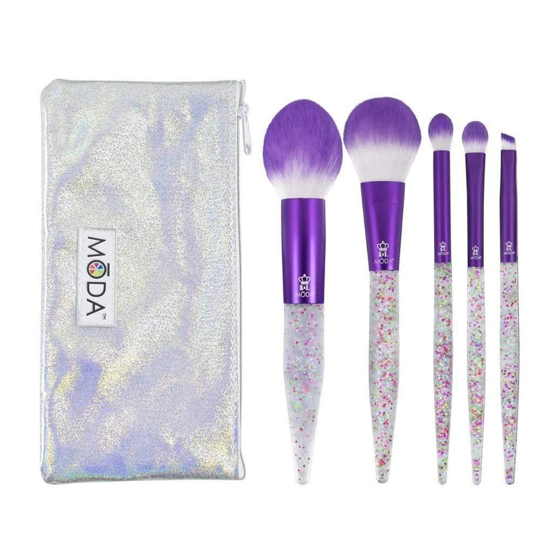 [Australia] - MODA Full Size Glitter Bomb 6pc Complete Makeup Brush Kit with Pouch Includes, Pointed Powder, Blush, Crease, Eye Shader, and Line Brushes, Purple 