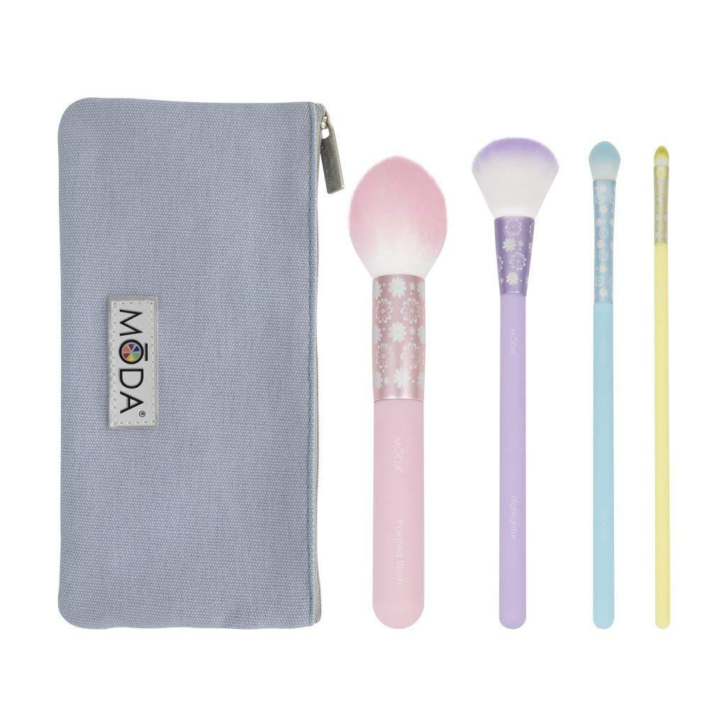 [Australia] - MODA Full Size Posh Pastel 5pc Complete Face Makeup Brush Kit with Pouch Includes, Pointed Blush, Highlighter, Shader, and Lip Brushes 