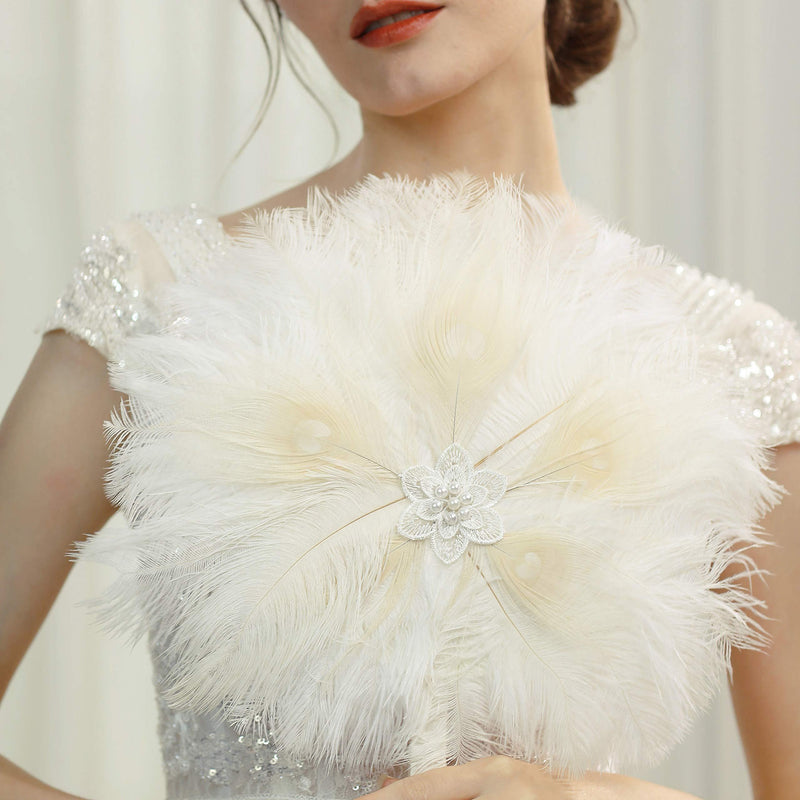 [Australia] - BABEYOND Vintage Bridal Feather Bouquet 1920s Ostrich Feather Fan Crystal Bridesmaid Bouquet 20s Gatsby Wedding Bouquet Flapper Accessories (Beige) Beige 