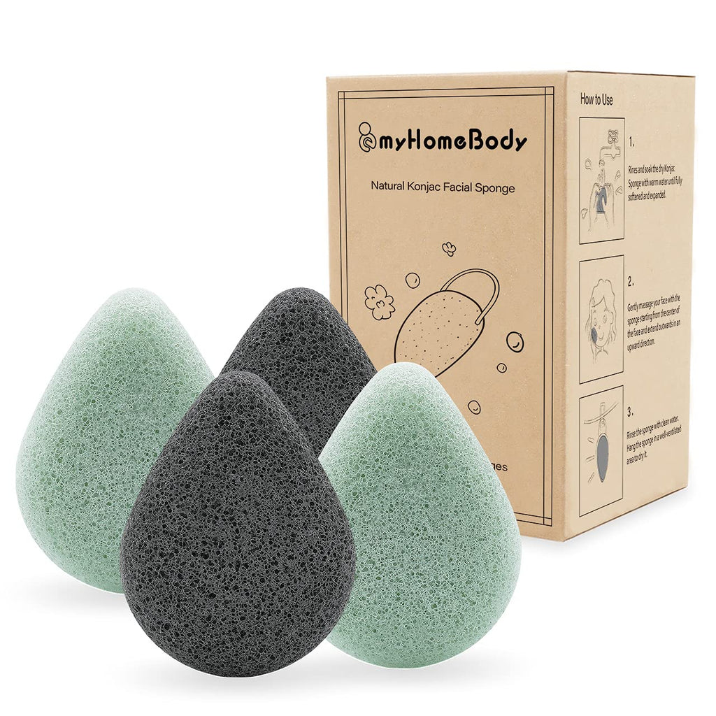[Australia] - Natural Konjac Facial Sponges – Teardrop Shape - for Gentle Face Cleansing and Exfoliation - with Activated Charcoal and Aloe Vera, 4pc Set 2 Aloe Green, 2 Charcoal Gray 