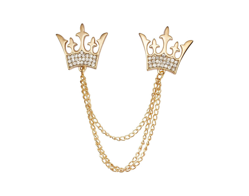 [Australia] - A N KINGPiiN Double Kings Crown with Stone Detailing Chain Lapel Pin Badge Gift Party Shirt Collar,Costume Pin Accessories for Men Brooch 