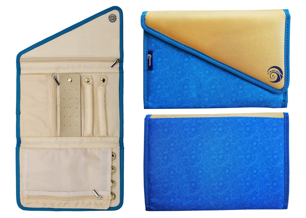 [Australia] - Travel Jewelry Organizer - Velvet Travel Jewelry Storage Bag for Accessories - Carrying Pouch for Earrings, Necklaces, Bracelets, Watches - Luxurious Gold & Blue Clutch with Multiple Compartments, Travel Ring Holder 