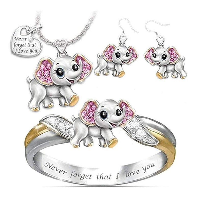 [Australia] - BELUCKIN 4Pcs/Set Cute Elephant Pendant Necklace Earring Finger Ring Set"Never forget that I love you" Letters Charm Jewelry Set Gift set/4 