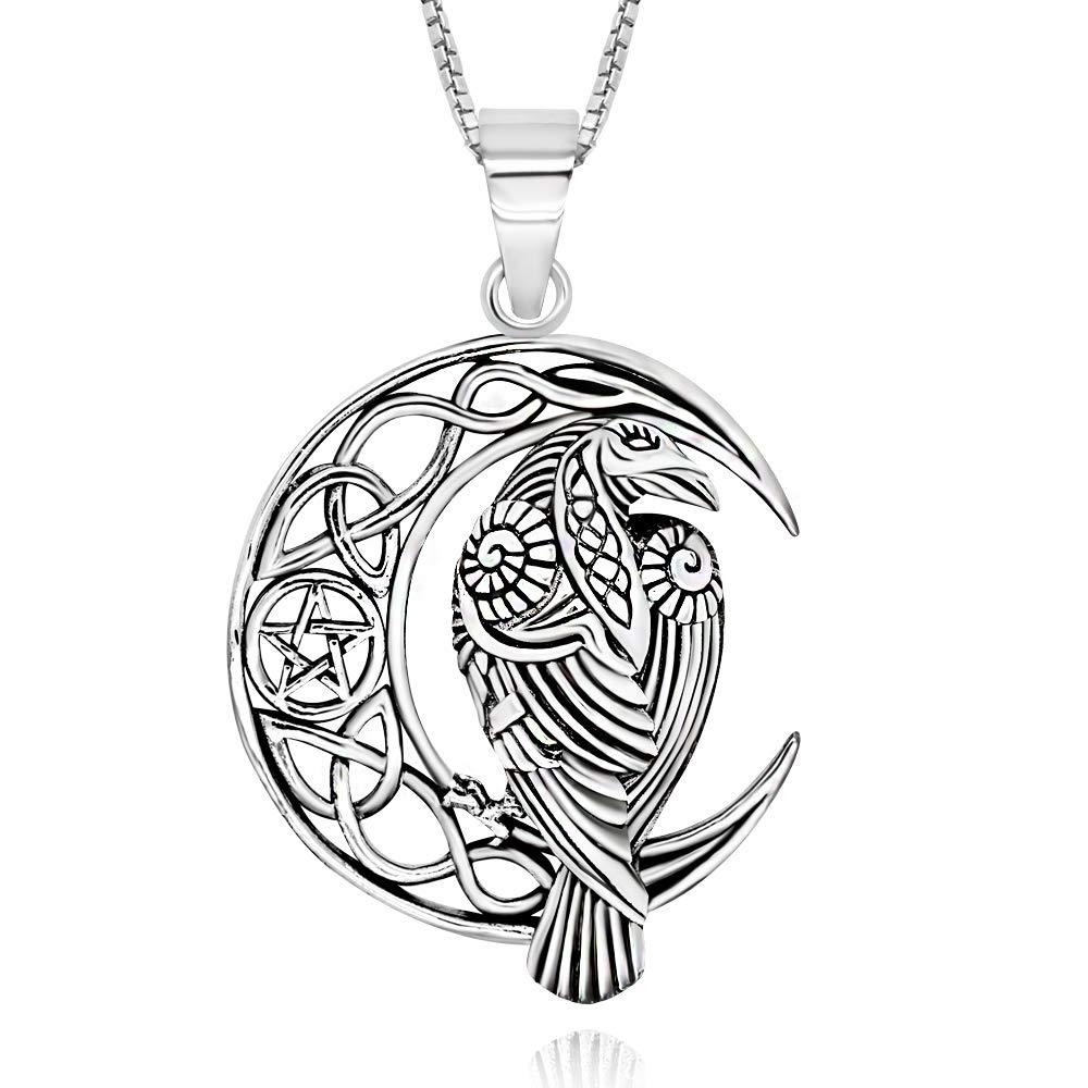 [Australia] - 925 Sterling Silver Celtic Crescent Moon Raven Pendant Necklace, 18" 