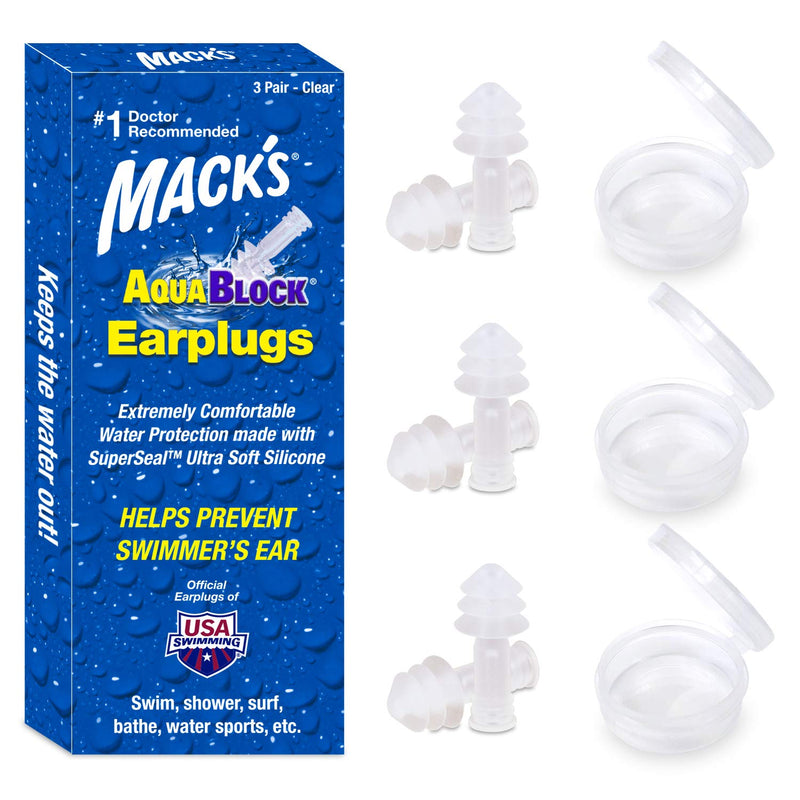 [Australia] - Mack's AquaBlock Swimming Earplugs, 3 Pair - Comfortable, Waterproof, Reusable Silicone Ear Plugs for Swimming, Snorkeling, Showering, Surfing and Bathing (Clear) Clear 