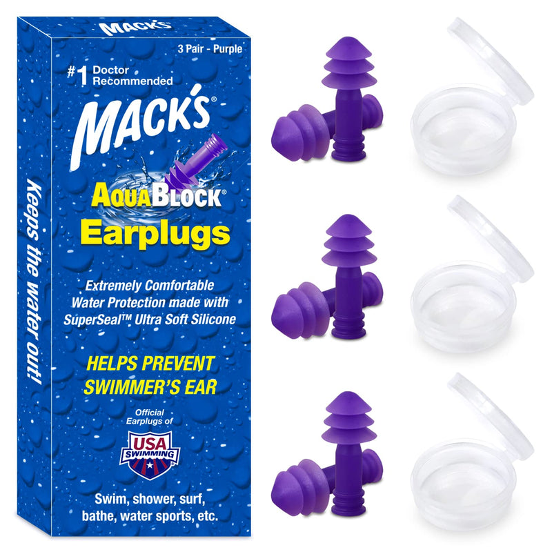 [Australia] - Mack's AquaBlock Swimming Earplugs, 3 Pair - Comfortable, Waterproof, Reusable Silicone Ear Plugs for Swimming, Snorkeling, Showering, Surfing and Bathing (Purple) Purple 