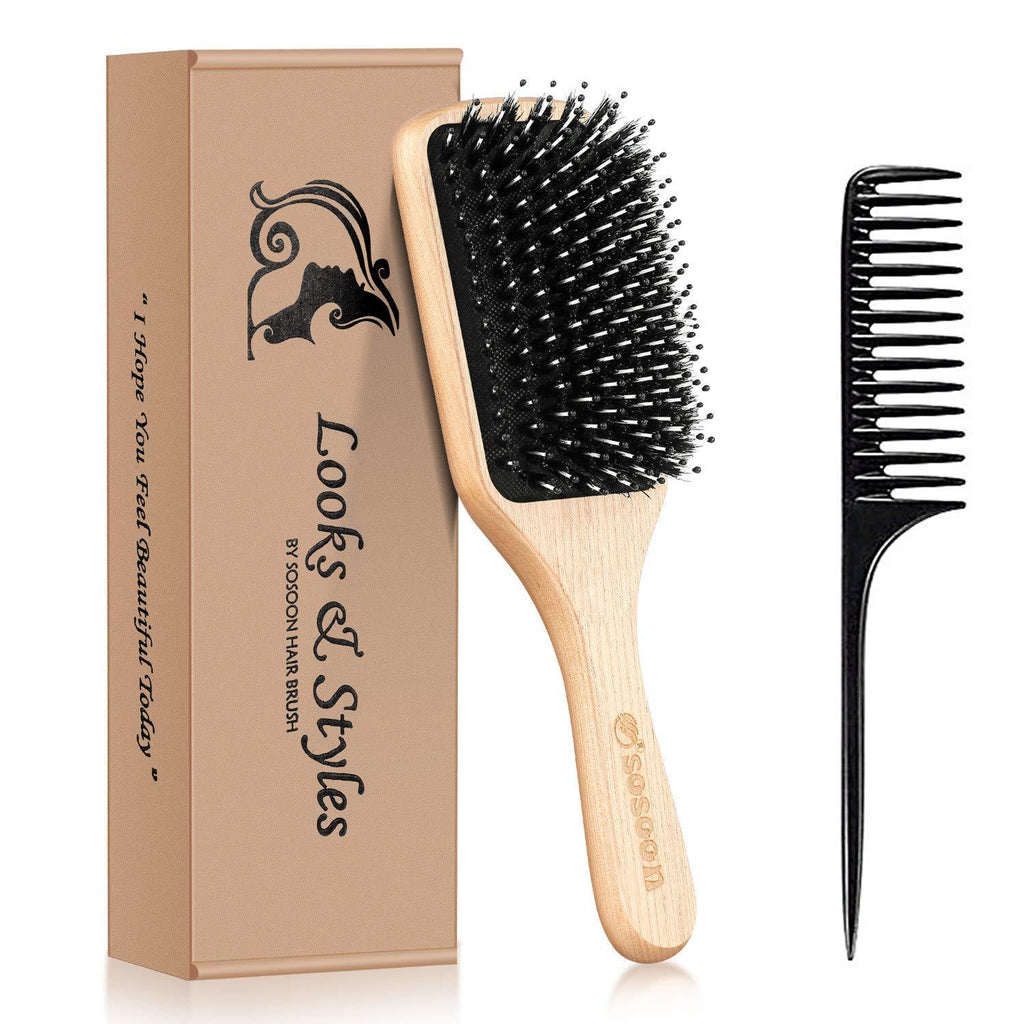 [Australia] - Hair Brush, Sosoon Boar Bristle Paddle Hairbrush for Long Short Thick Thin Curly Straight Wavy Dry Hair for Men Women Kids, No More Tangle, Giftbox & Tail Comb Included Medium (Pack of 1) 