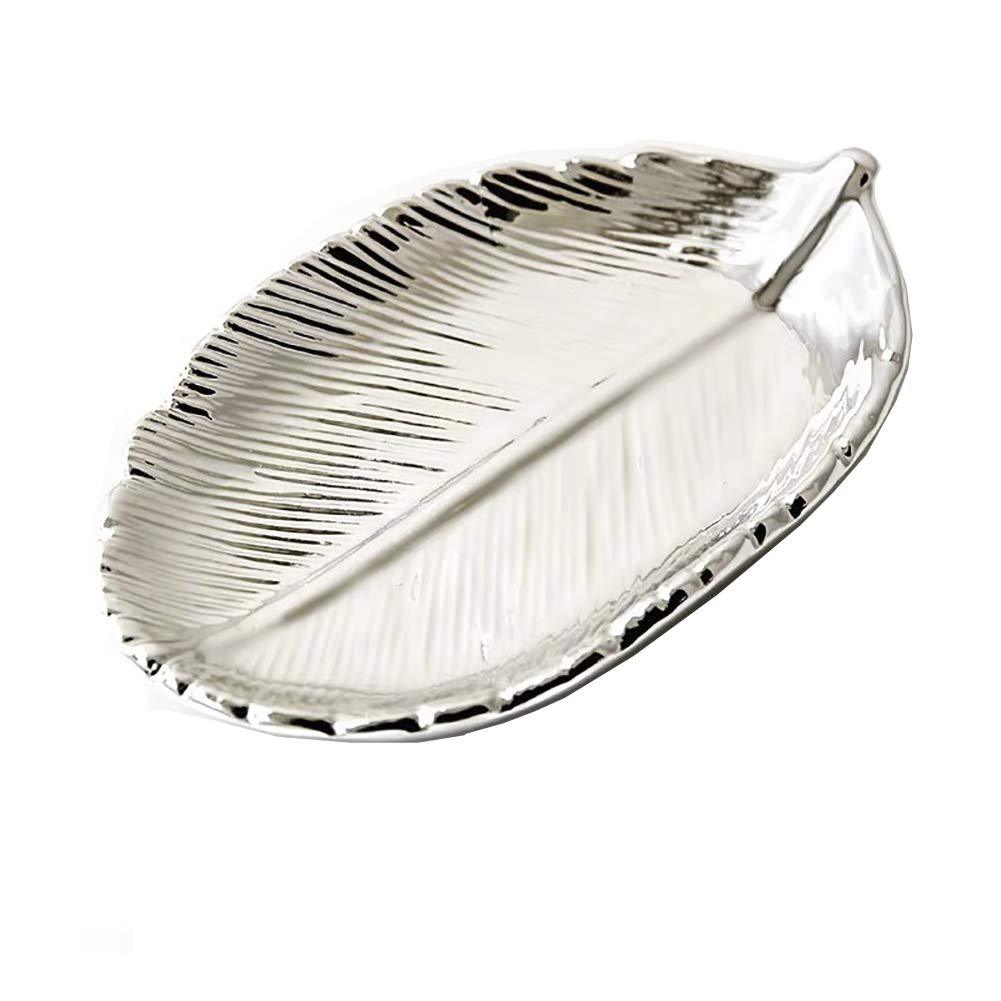 [Australia] - lemonadeus Silver Electroplating Ceramic Leaf Trays Jewelry Storage Plate Rings/Keys/Trinket Dish Leaf Decor Silver Leaf Tray 