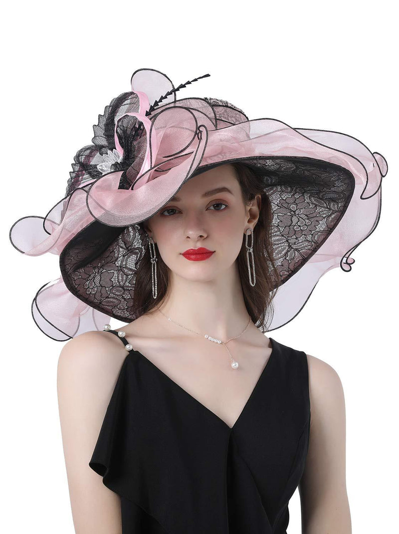 [Australia] - ORIDOOR Women Organza Wide Brim Fascinator Hat for Kentucky Derby Church Wedding Dress Floral Flat Hat D3-pink One Size 