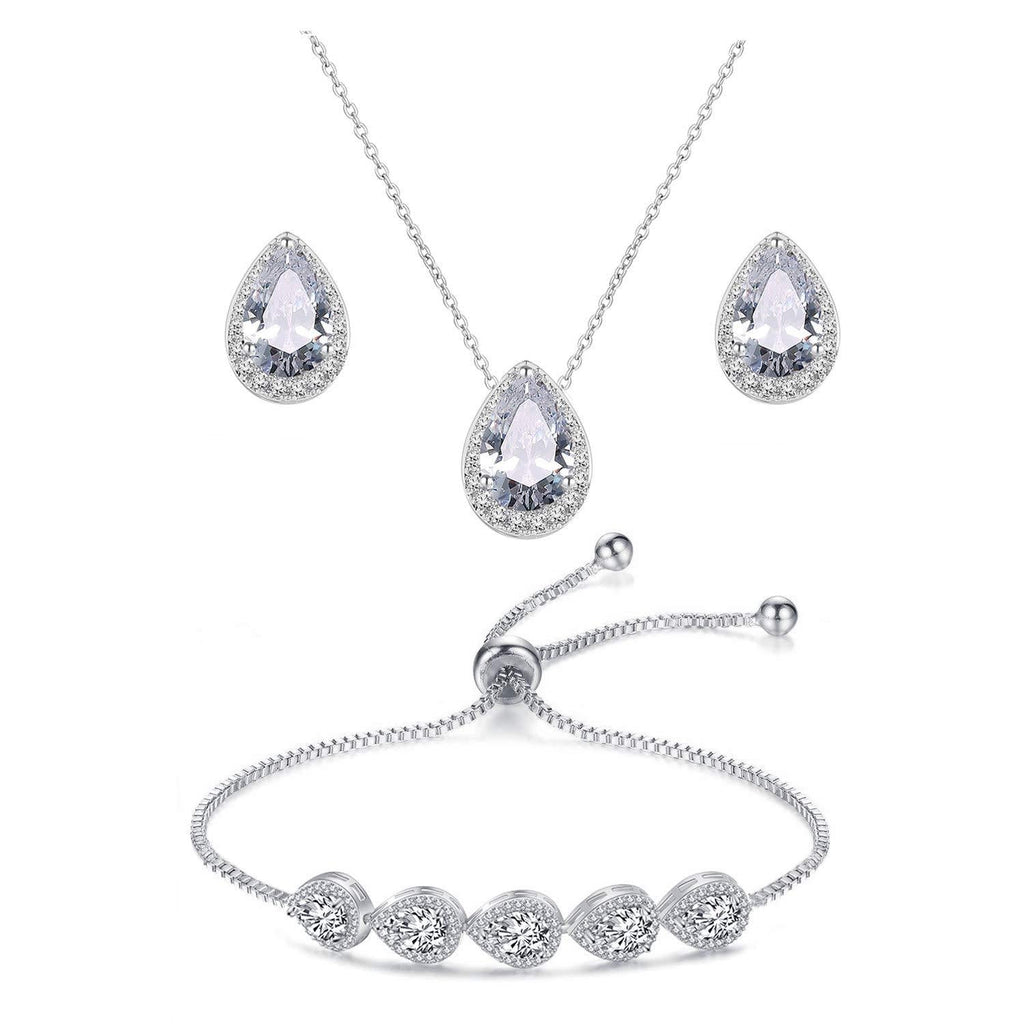 [Australia] - UDORA Zirconia Teardrop Necklace Earrings Bracelet Jewelry Set Wedding Party Prom White Gold 