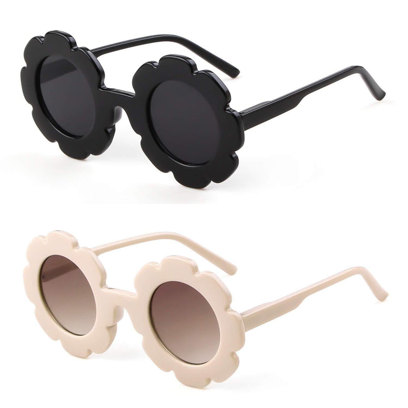 [Australia] - Sunglasses for Kids Round Flower Cute Glasses UV 400 Protection Children Girl Boy Gifts (2 Pack)beige+black 