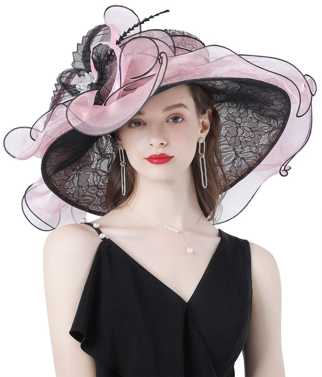 [Australia] - Z&X Women Kentucky Derby Church Hat Organza Flower Wide Brim Fascinator Hats for Wedding Tea Party, Dual-use 2002- Pink 