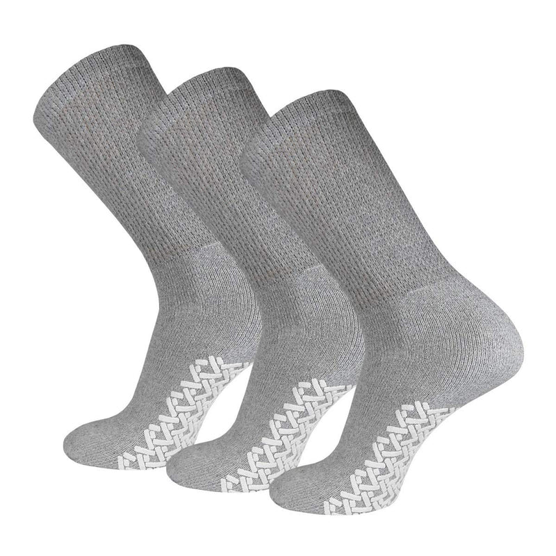 [Australia] - Men's Women Diabetic Loose Top Therapeutic Anti Slip Non Skid Gripper Soft Cotton Full Cushioned Crew Socks Grey - 3 Pair 10-13 