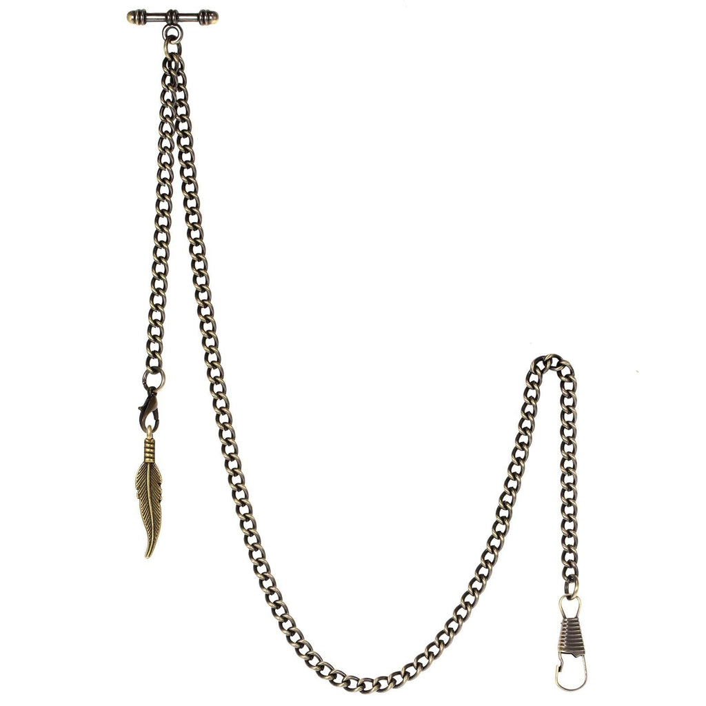 [Australia] - TREEWETO Men's Albert Chain Pocket Watch Curb Link Key Chain 2 Hooks with Antique Leaf Pendant Charm Design Copper Fob T Bar Bronze 