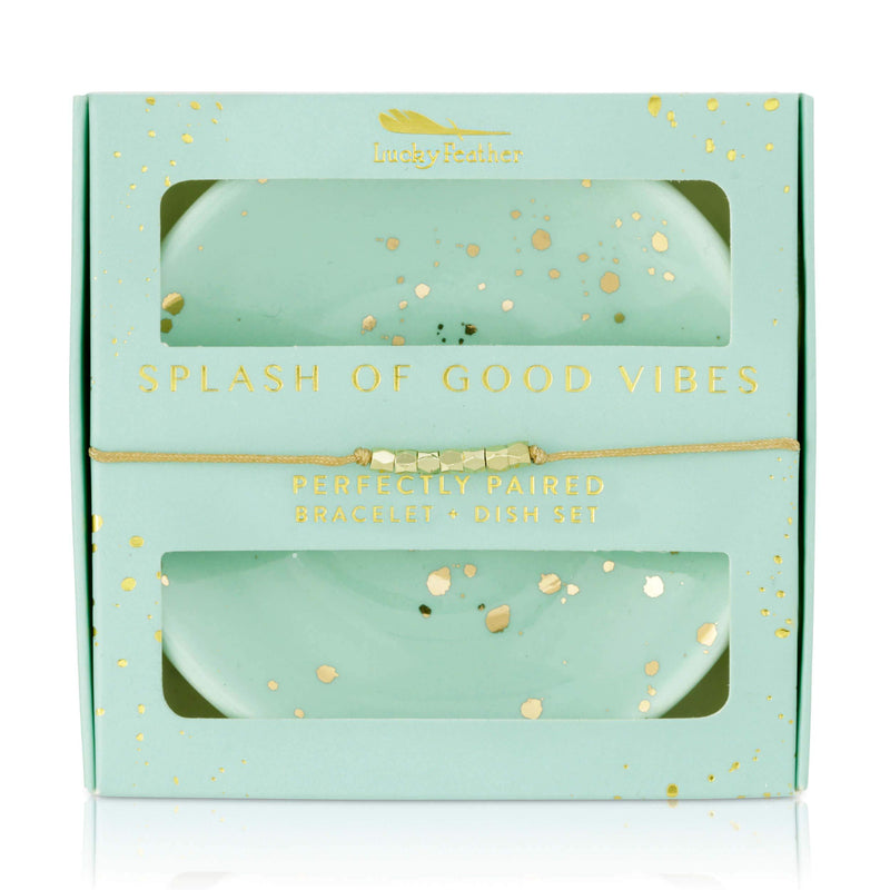 [Australia] - Lucky Feather 14k Gold Bead Bracelet and Jewelry Dish Set - Cute Inspirational Birthday and Friendship Gifts for Women and Teen Girls Splash 