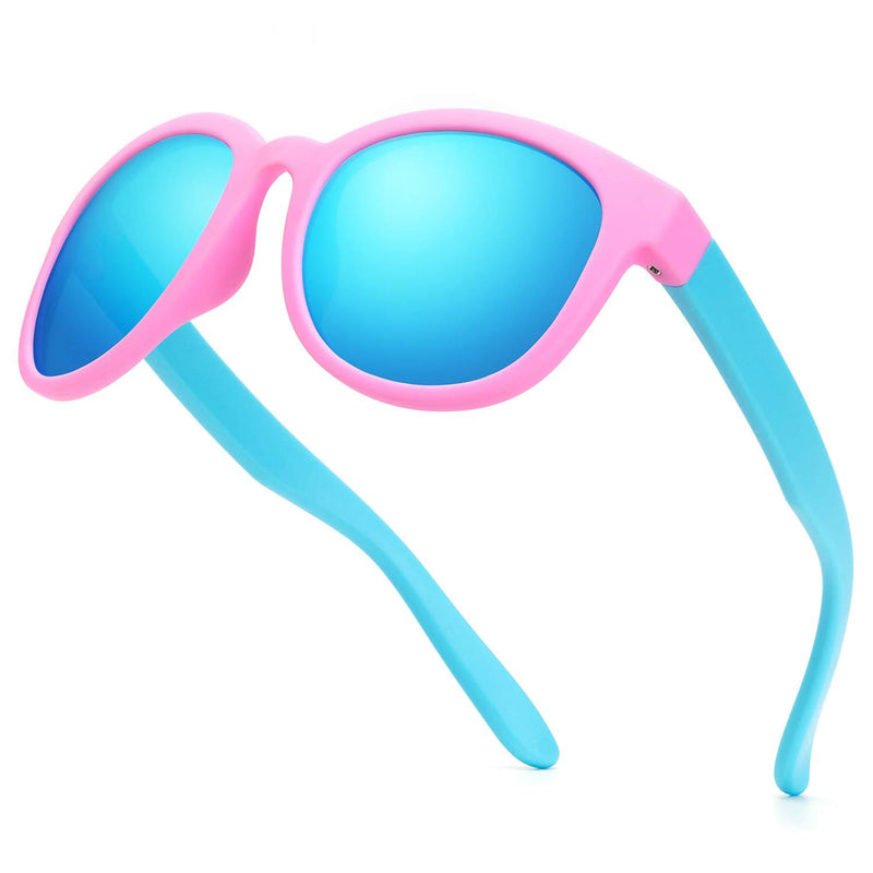 [Australia] - Kids Sunglasses Polarized TPEE Rubber Flexible Frame 100% UV Protection Shades for Boys Girls Age 5-13 A-bright Pink/Blue Frame|blue Revo Lense 
