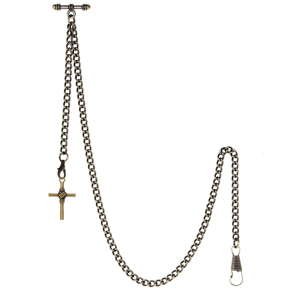[Australia] - TREEWETO Men's Albert Chain Pocket Watch Curb Link Key Chain 2 Hooks with Antique Cross Pendant Design Charm Fob T Bar Bronze 