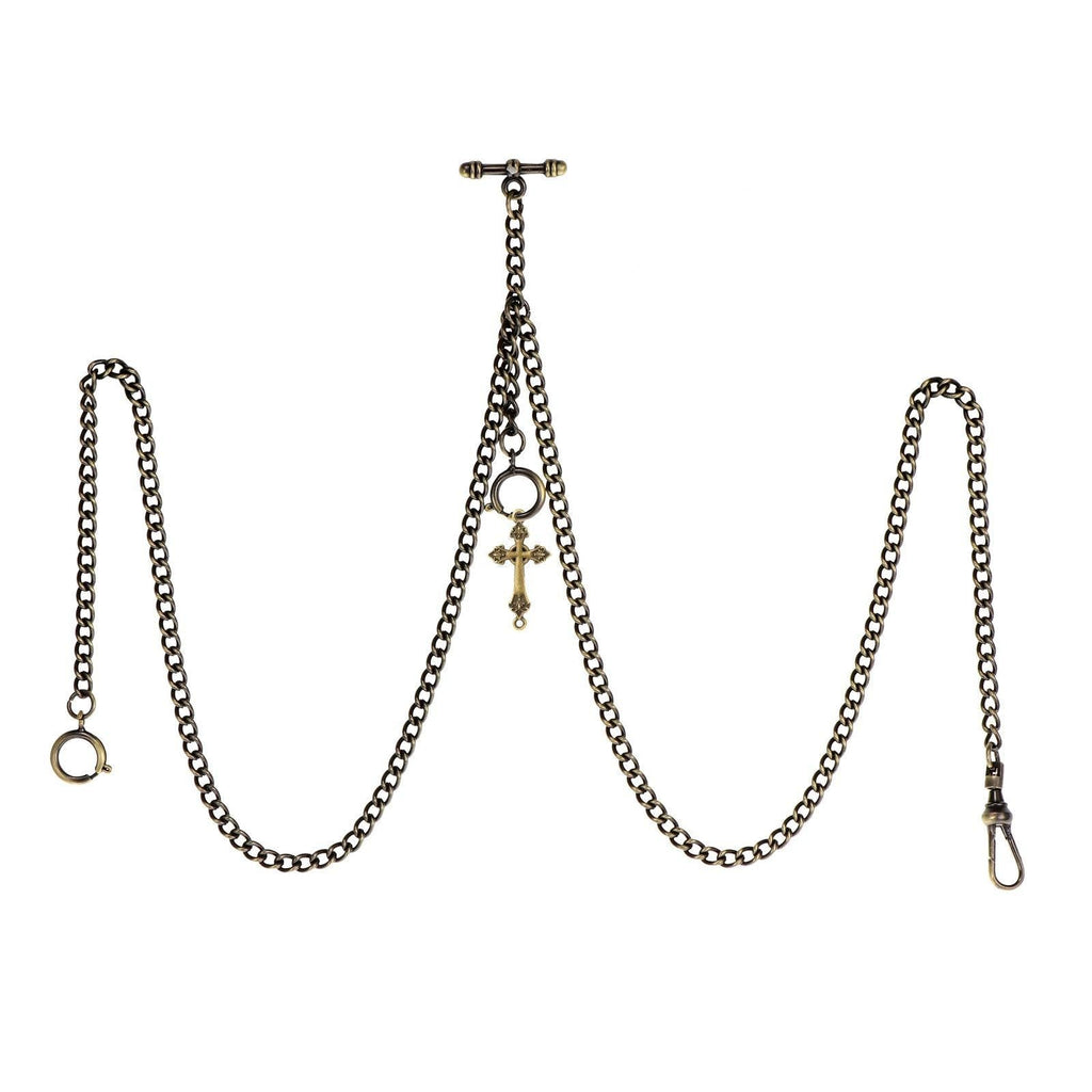 [Australia] - TREEWETO Men's Double Albert Chain Pocket Watch Curb Link Key Chain 3 Hooks with Antique Cross Pendant Design Charm Fob T Bar Bronze 