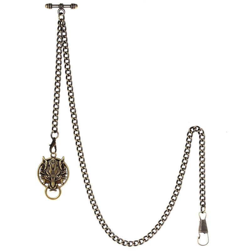 [Australia] - TREEWETO Men's Albert Chain Pocket Watch Curb Link Key Chain 2 Hooks with Antique Wolf Pendant Design Charm Fob T Bar Bronze 