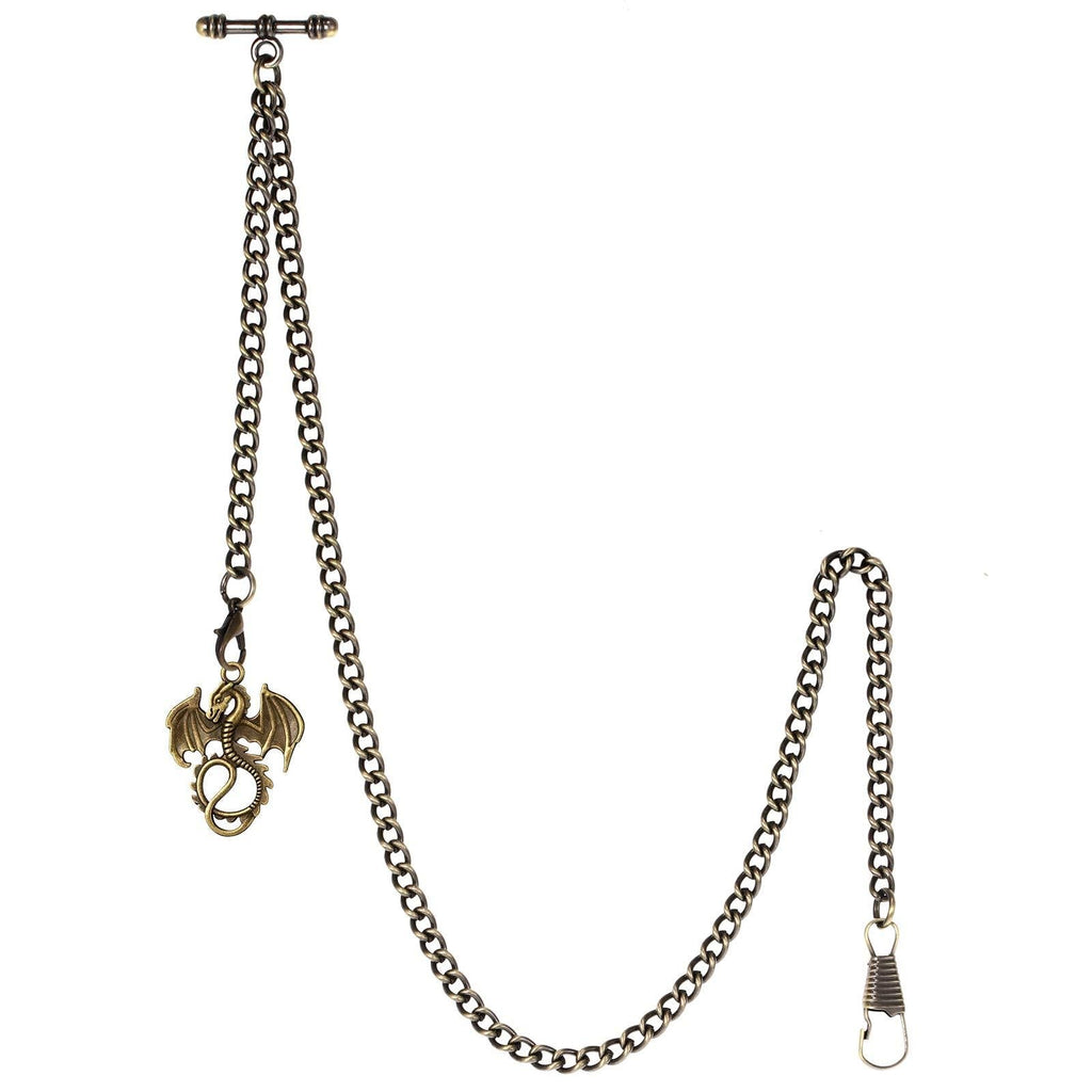 [Australia] - TREEWETO Men's Albert Chain Pocket Watch Curb Link Key Chain 2 Hooks with Antique Dragon Pendant Design Charm Fob T Bar Bronze 