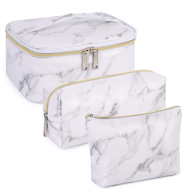 [Australia] - WANDF 3 Pieces Makeup Bag Toiletry Bag Portable Cosmetic Pouch Travel Organizer Water-resistant for Women (Marble White) M - Marble White Medium 